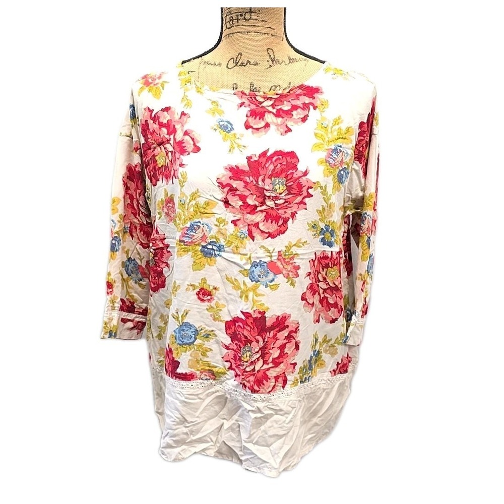 J Jill Floral Tunic Top Lace Trim Cottagecore Romantic Blouse 3/4 Sleeve sz M